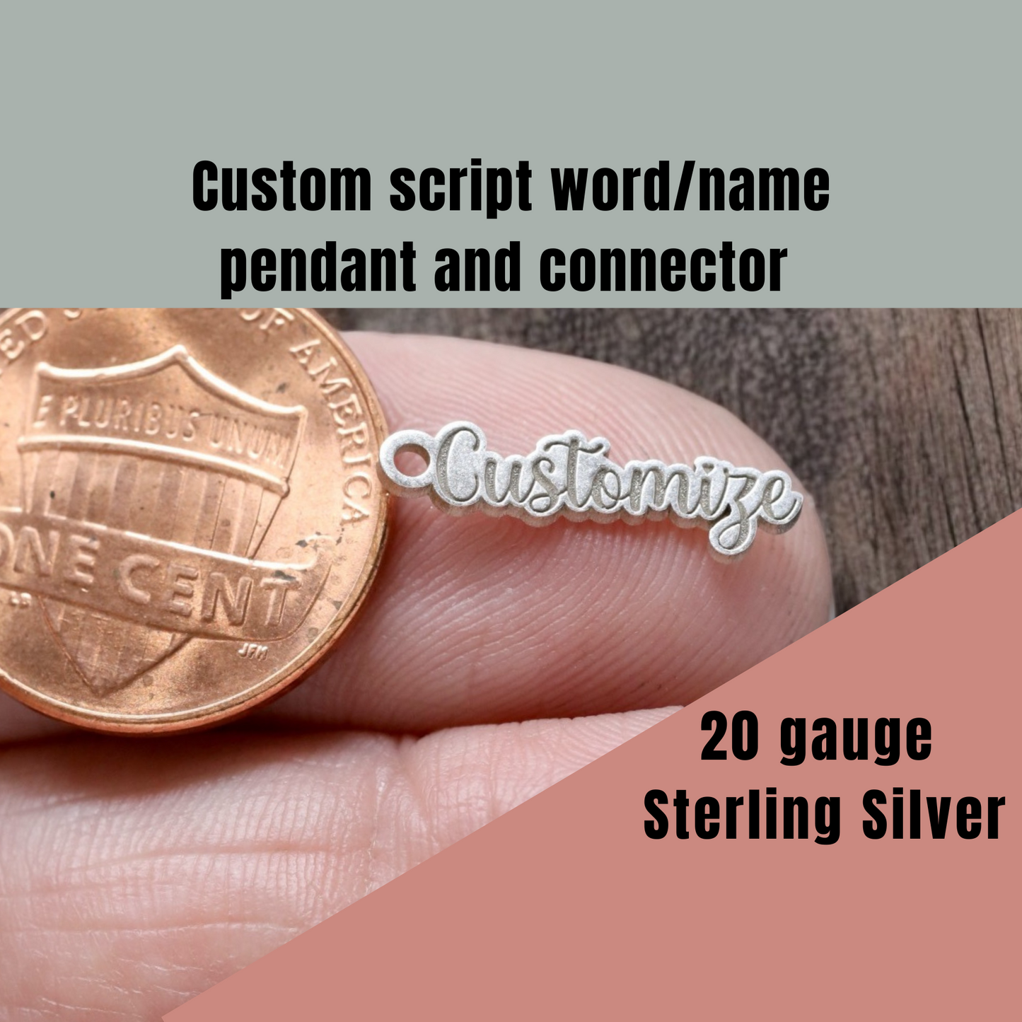 Personalized Script Word or Name Custom Sterling Silver Pendant Connector - DIY Jewelry Components & Supplies in Sterling Silver