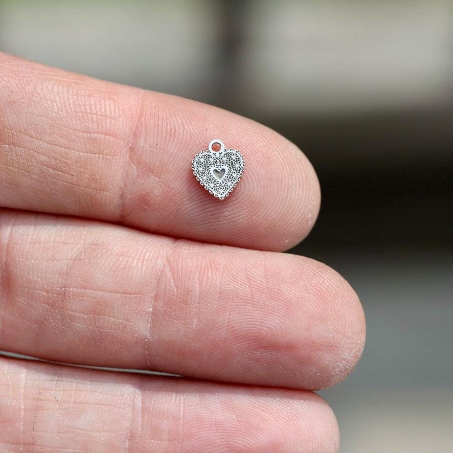Lace Heart Dangle Charm for Jewelry Making Embellishments in Sterling Silver - Jewelry Making Components