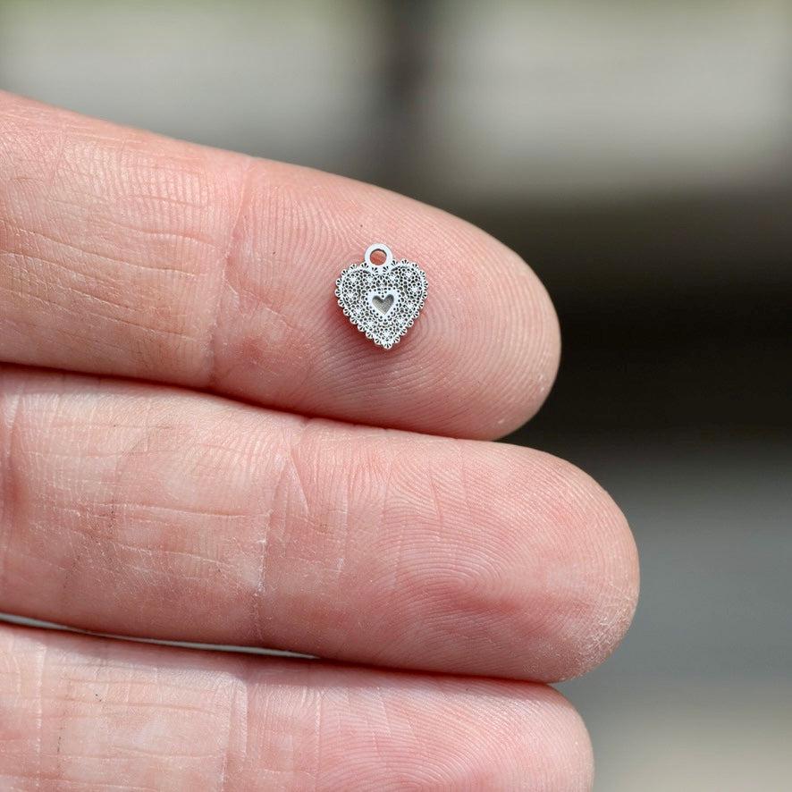 Lace Heart Dangle Charm Romantic Jewelry Supplies Heart Pendant Accent Sterling Silver Findings