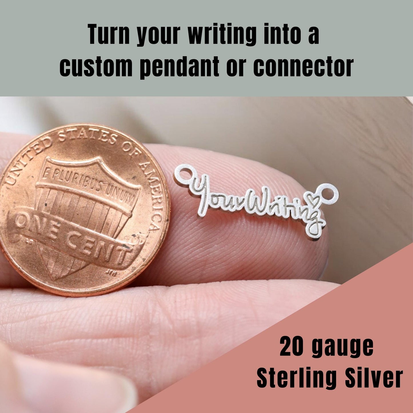Personalized Handwriting Word or Name Custom Sterling Silver Pendant Connector - Your Handwriting - DIY Jewelry Components & Supplies