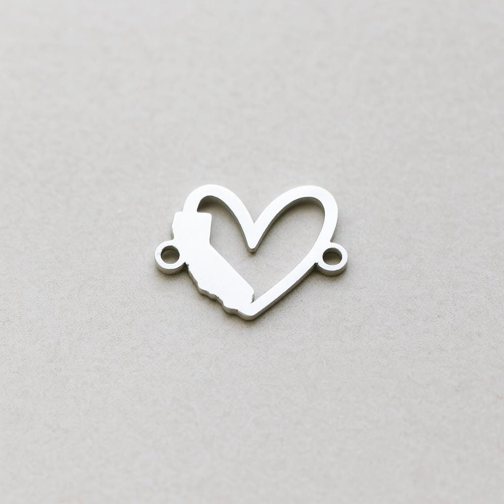 California State Heart Silhouette Sterling Silver Connector Charm or Bracelet - Permanent Jewelry Charm