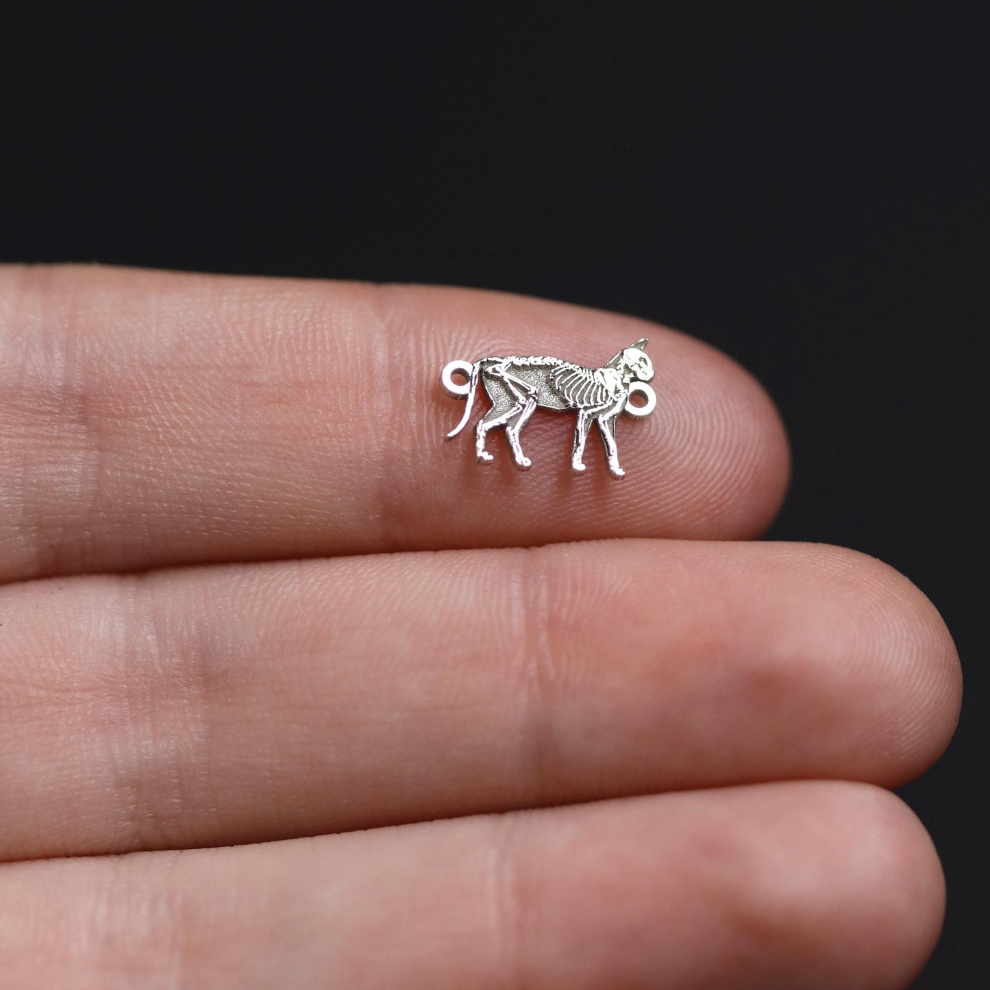 Sterling Silver Skeleton Cat Charm • Halloween Cat Connector • Gothic Jewelry Pendant • Spooky Autumn Necklace Findings