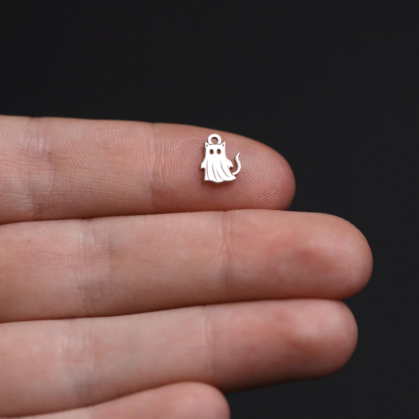 Sterling Silver Ghost Cat Charm • Halloween Jewelry Supplies • Spooky Cat Hanging Charm Pendant • Sterling Silver Findings