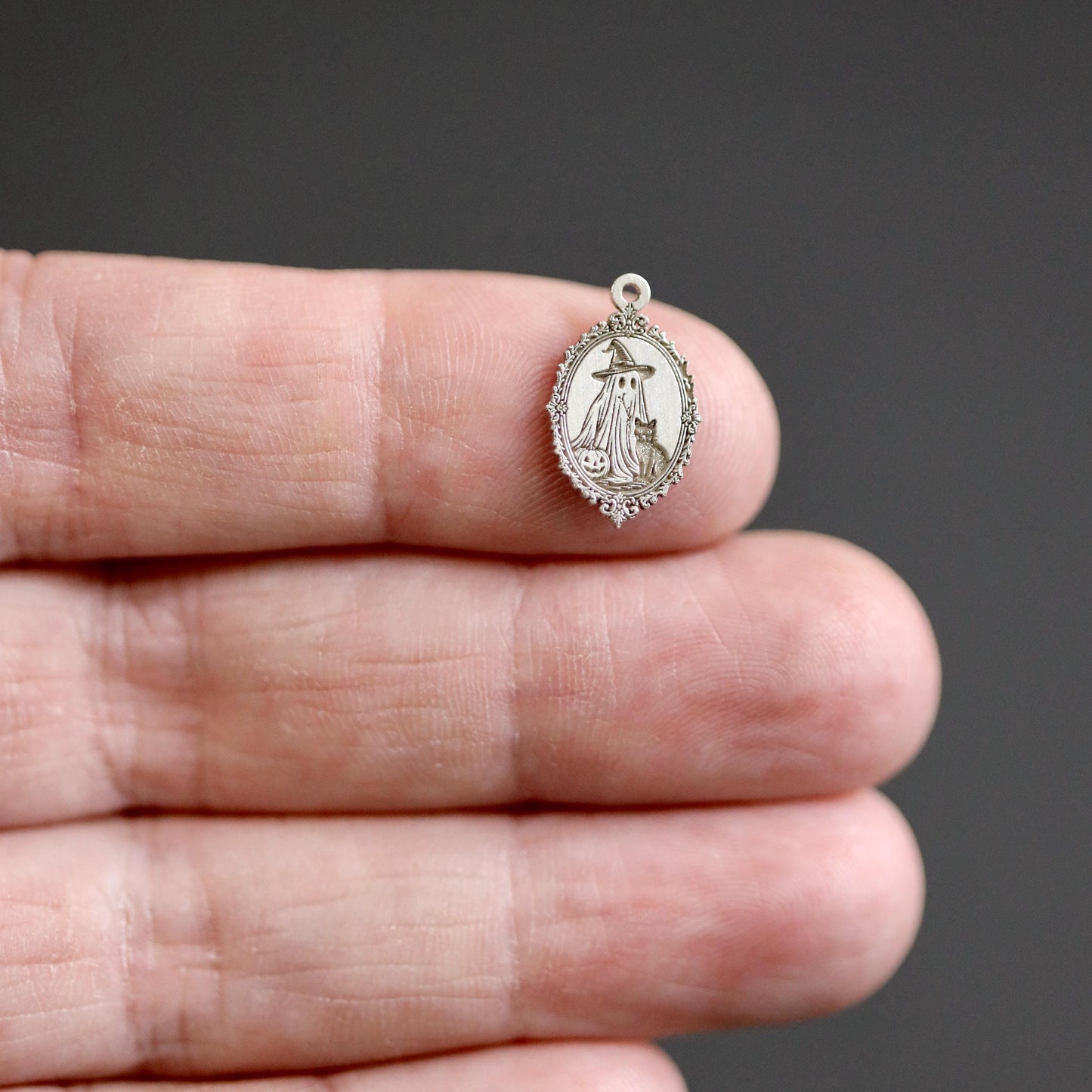 Ghost Witch Portrait Dangle Charm Sterling Silver Spooky Halloween Jewelry Pendant Gothic Spirit Dangle