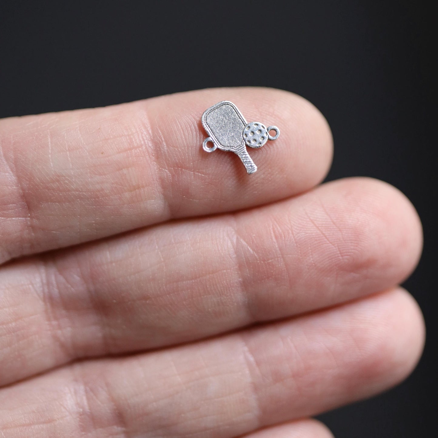 Sterling Silver Pickleball Connector Charm • Sports Jewelry Findings • Small Paddle and Ball Bracelet Link • Athletic Necklace Connector