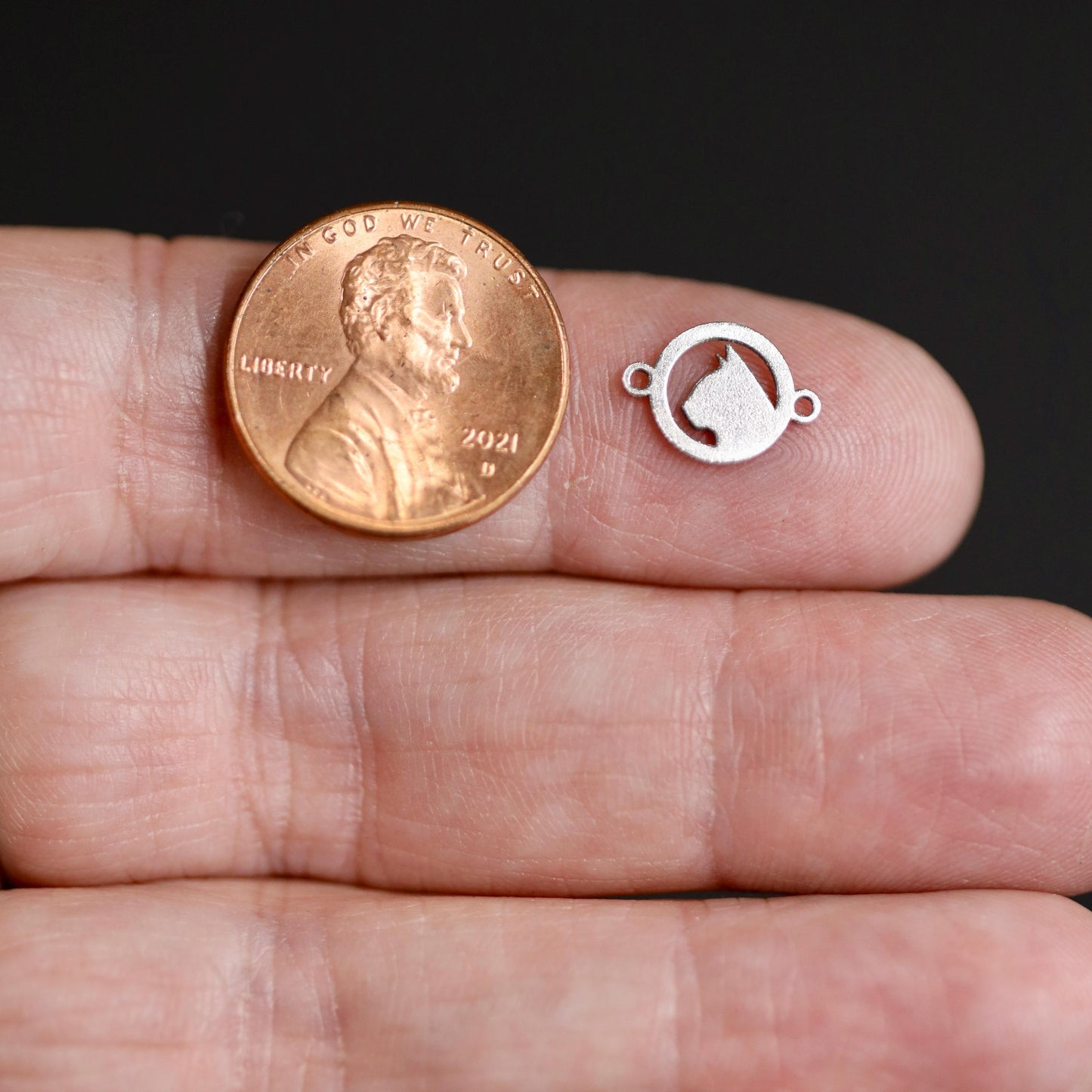 Cat Head Silhouette Connector Charm Minimalist Feline Jewelry Connector Sterling Silver Findings