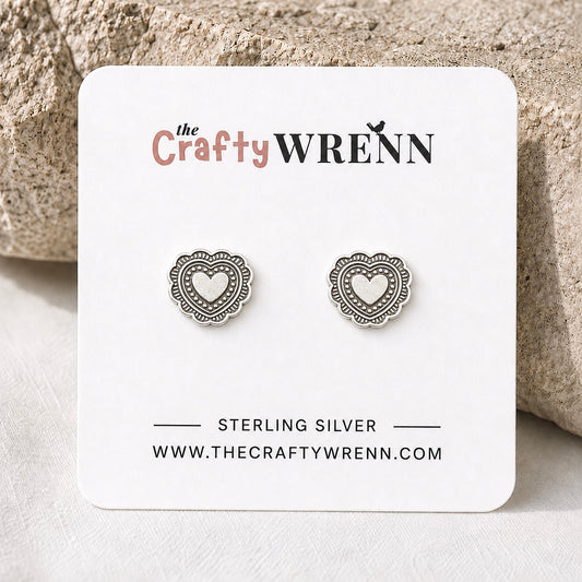Western Heart Concho Stud Earrings Sterling Silver