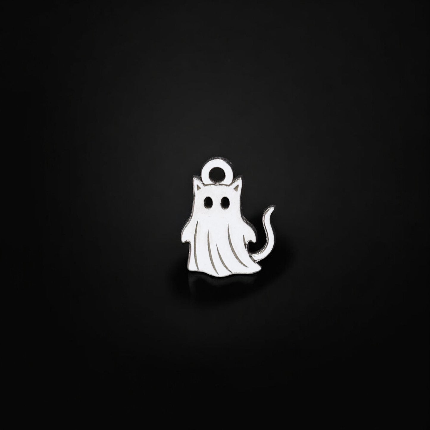Sterling Silver Ghost Cat Charm • Halloween Jewelry Supplies • Spooky Cat Hanging Charm Pendant • Sterling Silver Findings