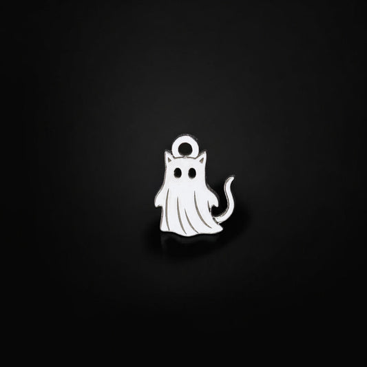 Sterling Silver Ghost Cat Charm • Halloween Jewelry Supplies • Spooky Cat Hanging Charm Pendant • Sterling Silver Findings