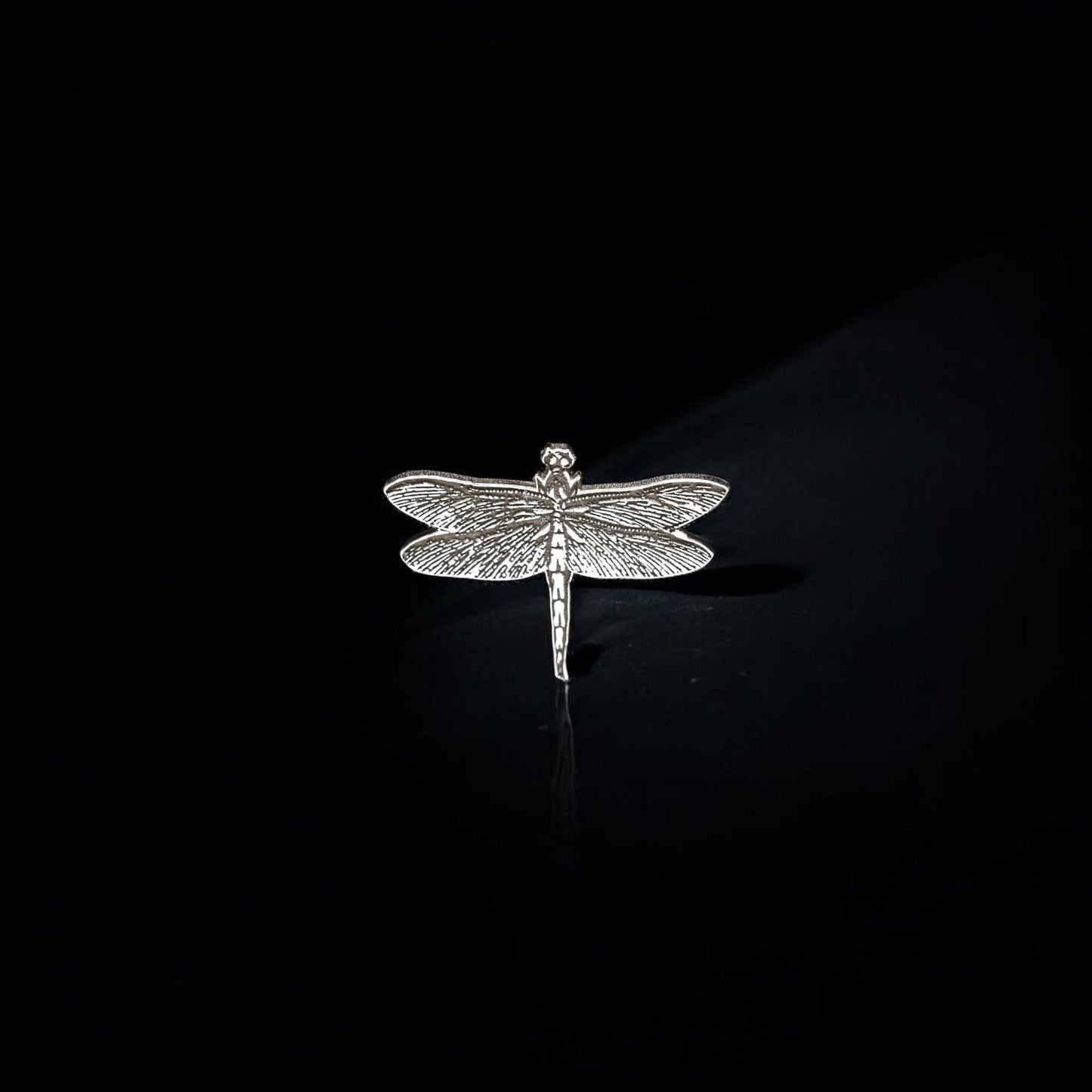 May include: Silver dragonfly jewelry pin.  The pin features a detailed, textured design of a dragonfly with outstretched wings. The body and wings show intricate vein-like details. The piece is displayed against a black background, highlighting its metallic sheen and fine craftsmanship. This silver dragonfly pin is a sophisticated accessory suitable for adding a touch of nature-inspired elegance to any outfit.