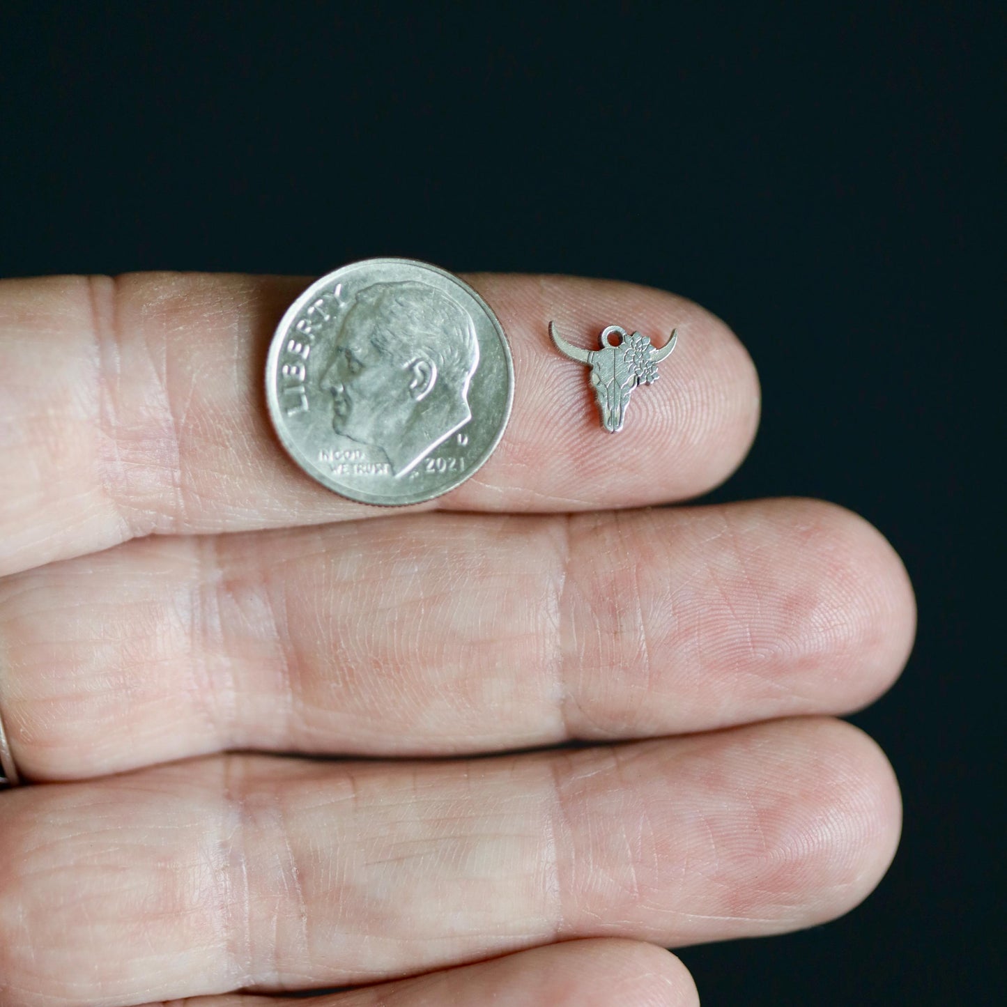 Sterling Silver Longhorn Skull with Succulents Dangle Charm • Western Jewelry Supply • Boho Cow Skull Charm • DIY Necklace or Bracelet