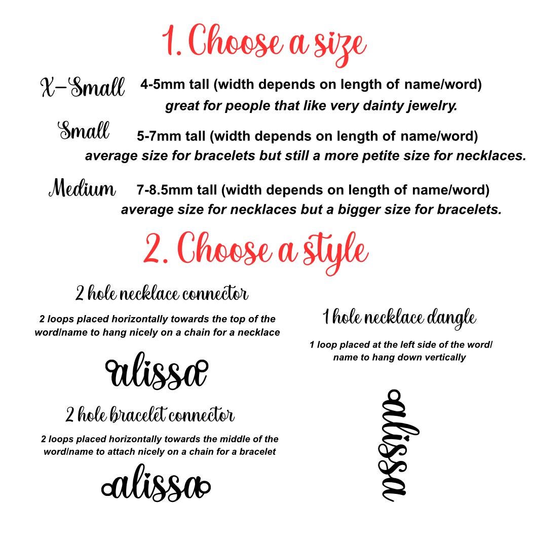 Whimsy Script Font Custom Name or Word Charm  Sterling Silver, Gold Filled, Rose  Personalized Connector for Necklaces & Bracelets