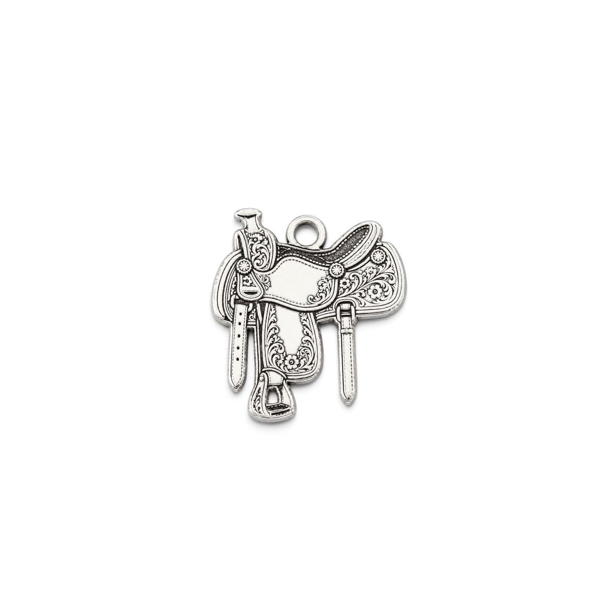Sterling silver ornate western saddle charm with antique finish on a white background.