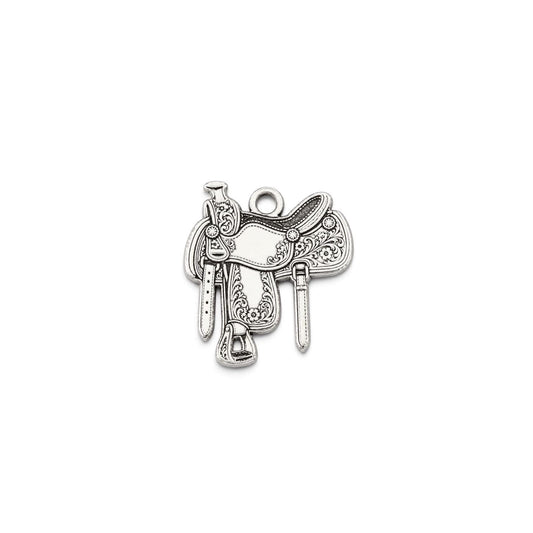 Sterling silver ornate western saddle charm with antique finish on a white background.
